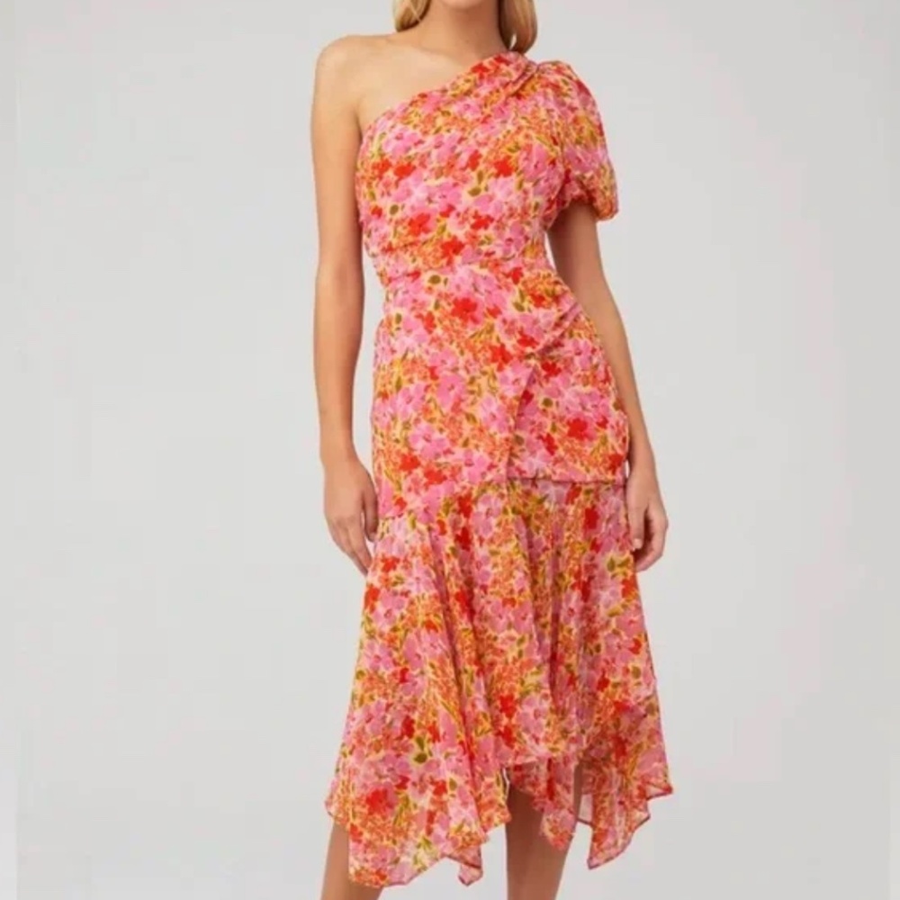 ASTR Santorini Floral One Shoulder Ruffle Midi Dress Size Small